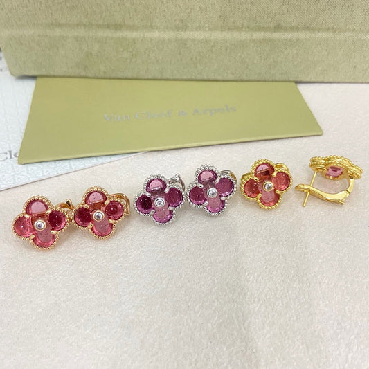 [⭐Novea]2026 NEW  CLOVER 1 MOTIFPINK ENAMEL STUD EARRINGS WITH DIAMONDS2