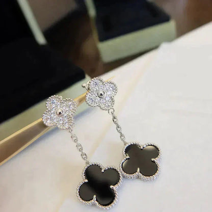 [⭐Novea]CLOVER 2 MOTIFS  DIAMOND ONYX EARRINGS SILVER