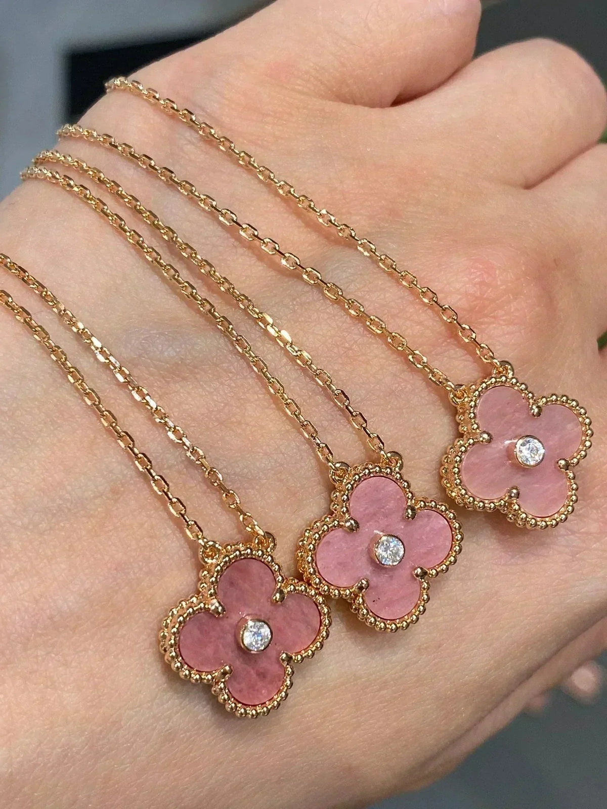 [⭐Novea]CLOVER 15MM DIAMOND RHODONITE NECKLACE