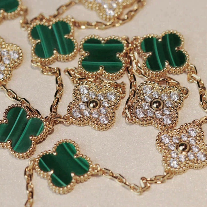 [⭐Novea]CLOVER 20 MOTIFS MALACHITE DIAMOND NECKLACE