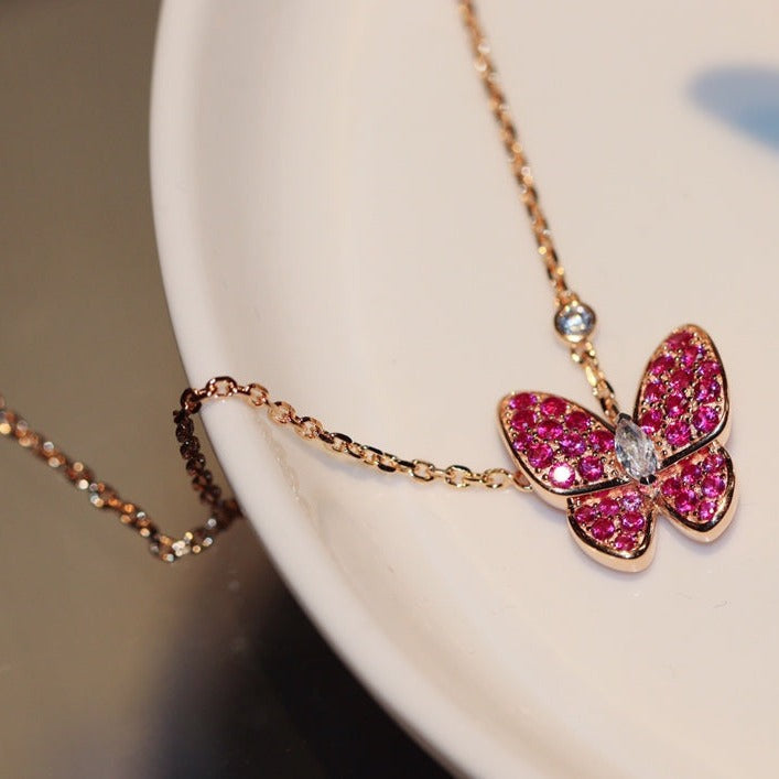 [⭐Novea]BUTTERFLY RED DIAMOND ROSE GOLD NECKLACE
