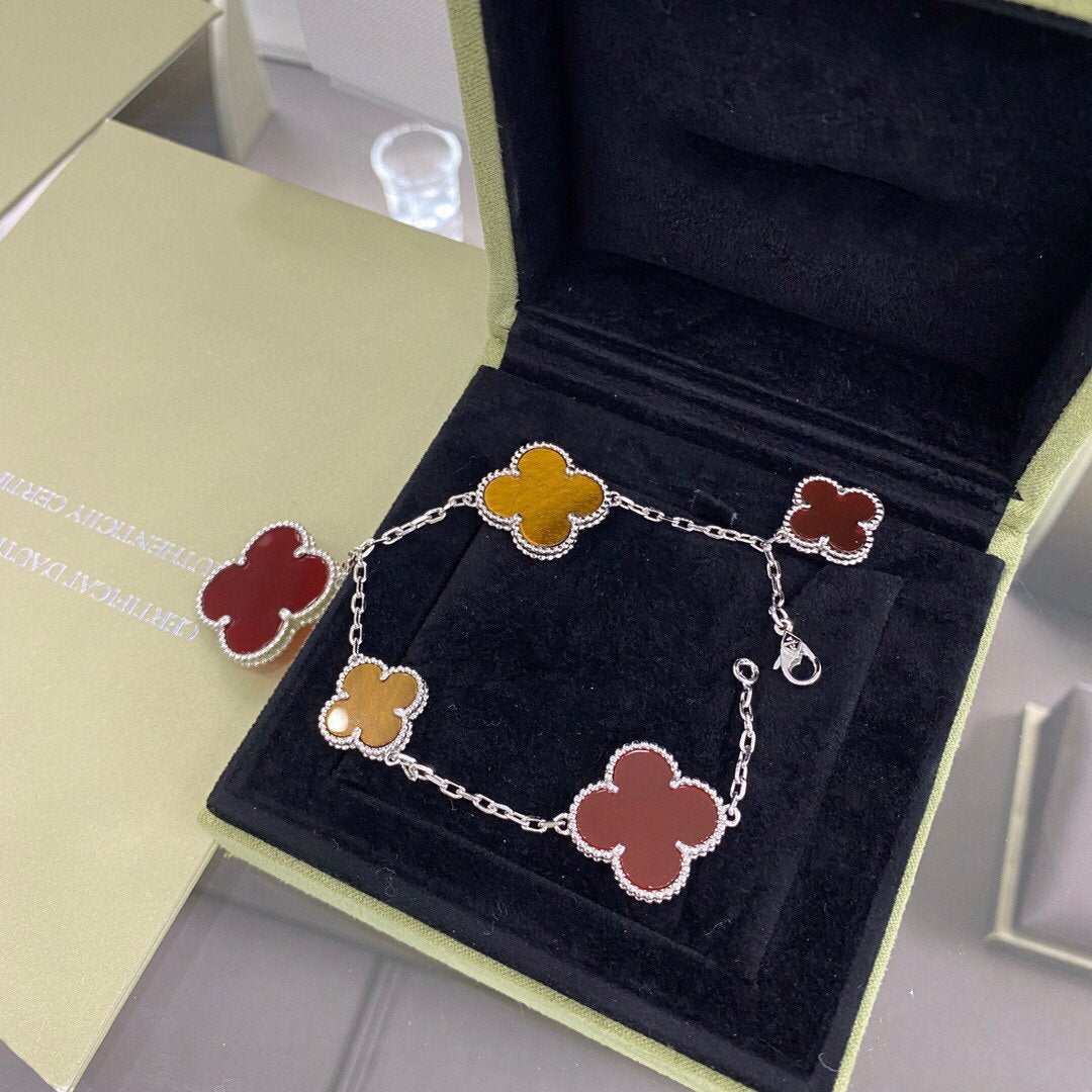 [⭐Novea]CLOVER 5 MOTIFS SIVLER CARNELIAN TIGER EYE BRACELET