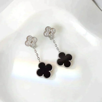 [⭐Novea]CLOVER 2 MOTIFS  DIAMOND ONYX EARRINGS SILVER