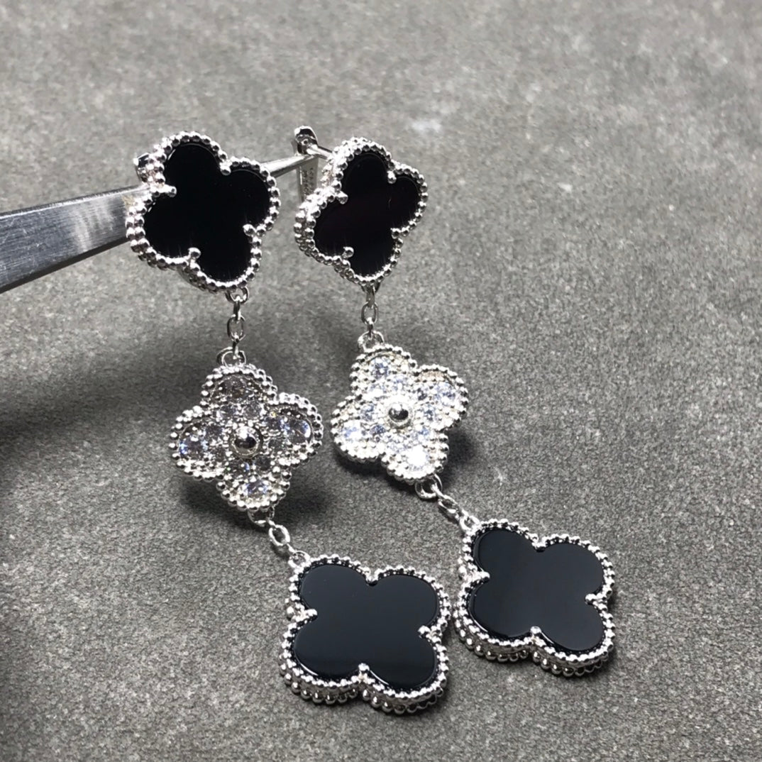 [⭐Novea]CLOVER 3 MOTIF DIAMOND ONYX SILVER EARRINGS