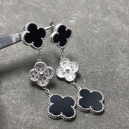 [⭐Novea]CLOVER 3 MOTIF DIAMOND ONYX SILVER EARRINGS