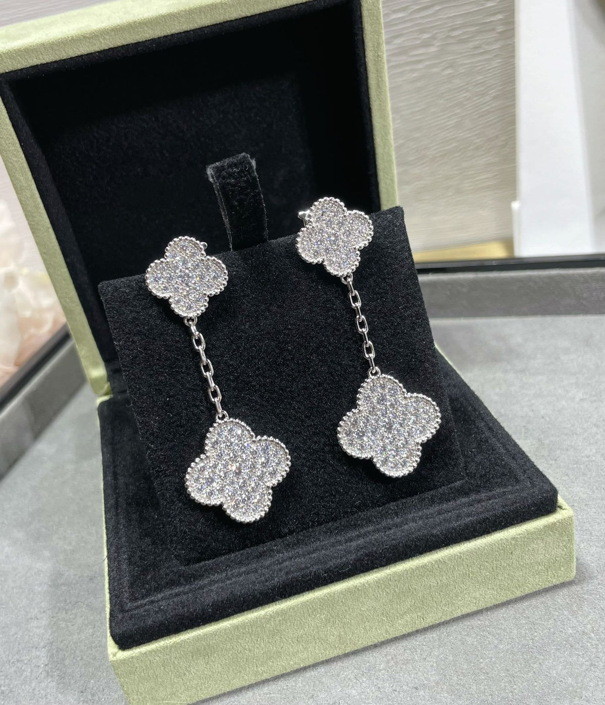 [⭐Novea]CLOVER 2 MOTIFS DIAMOND PAVED SILVER EARRINGS