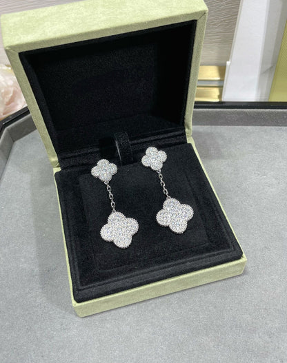 [⭐Novea]CLOVER 2 MOTIFS DIAMOND PAVED SILVER EARRINGS