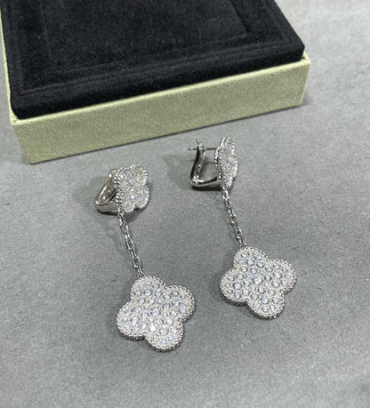 [⭐Novea]CLOVER 2 MOTIFS DIAMOND PAVED SILVER EARRINGS