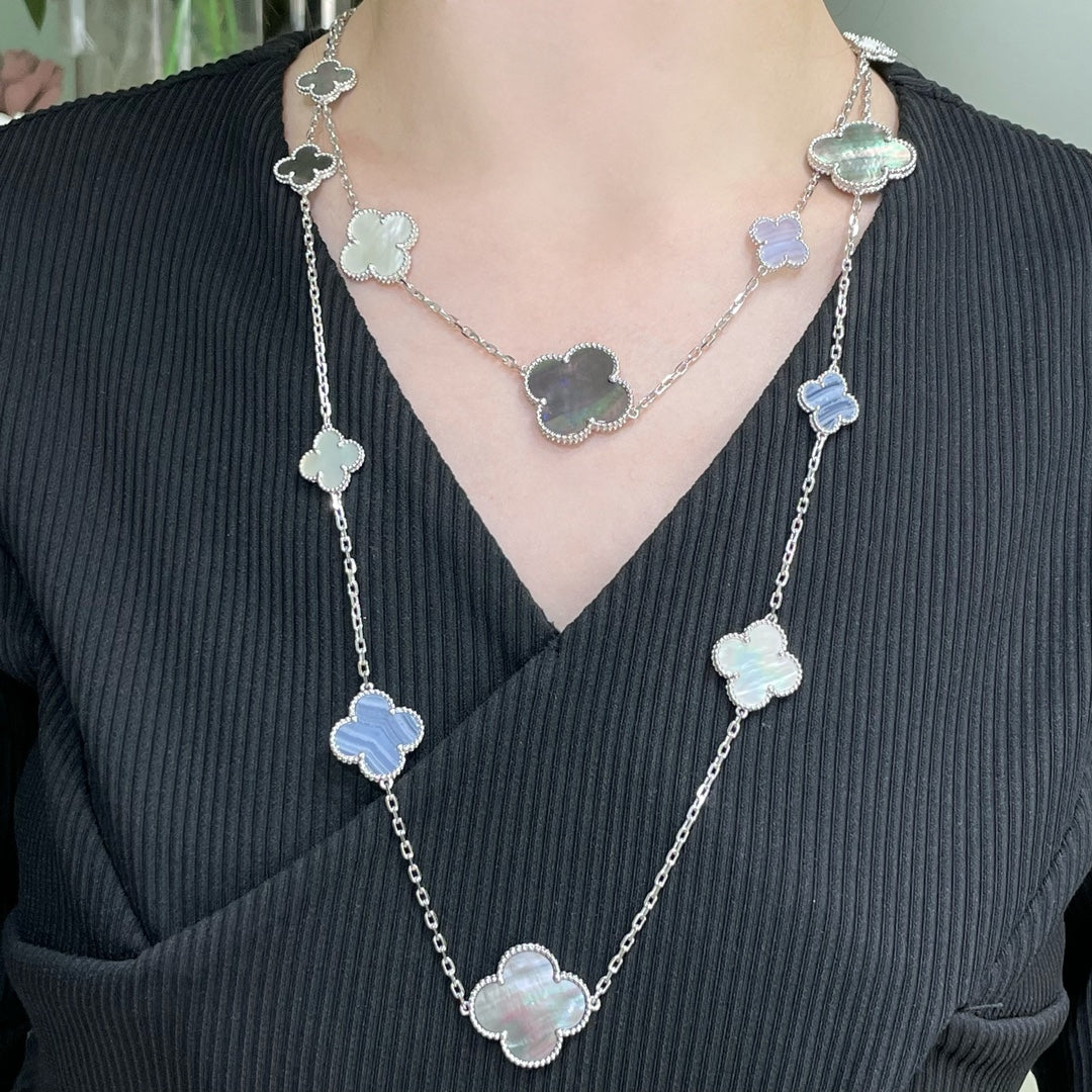 [⭐Novea]CLOVER 16 MOTIF CHALCEDONY MOP SILVER NECKLACE