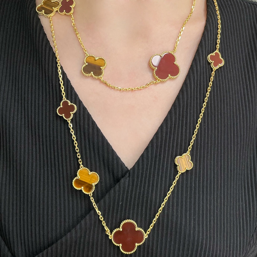 [⭐Novea]CLOVER 16 MOTIF CARNELIAN TIGER EYE ROSE GOLD NECKLACE