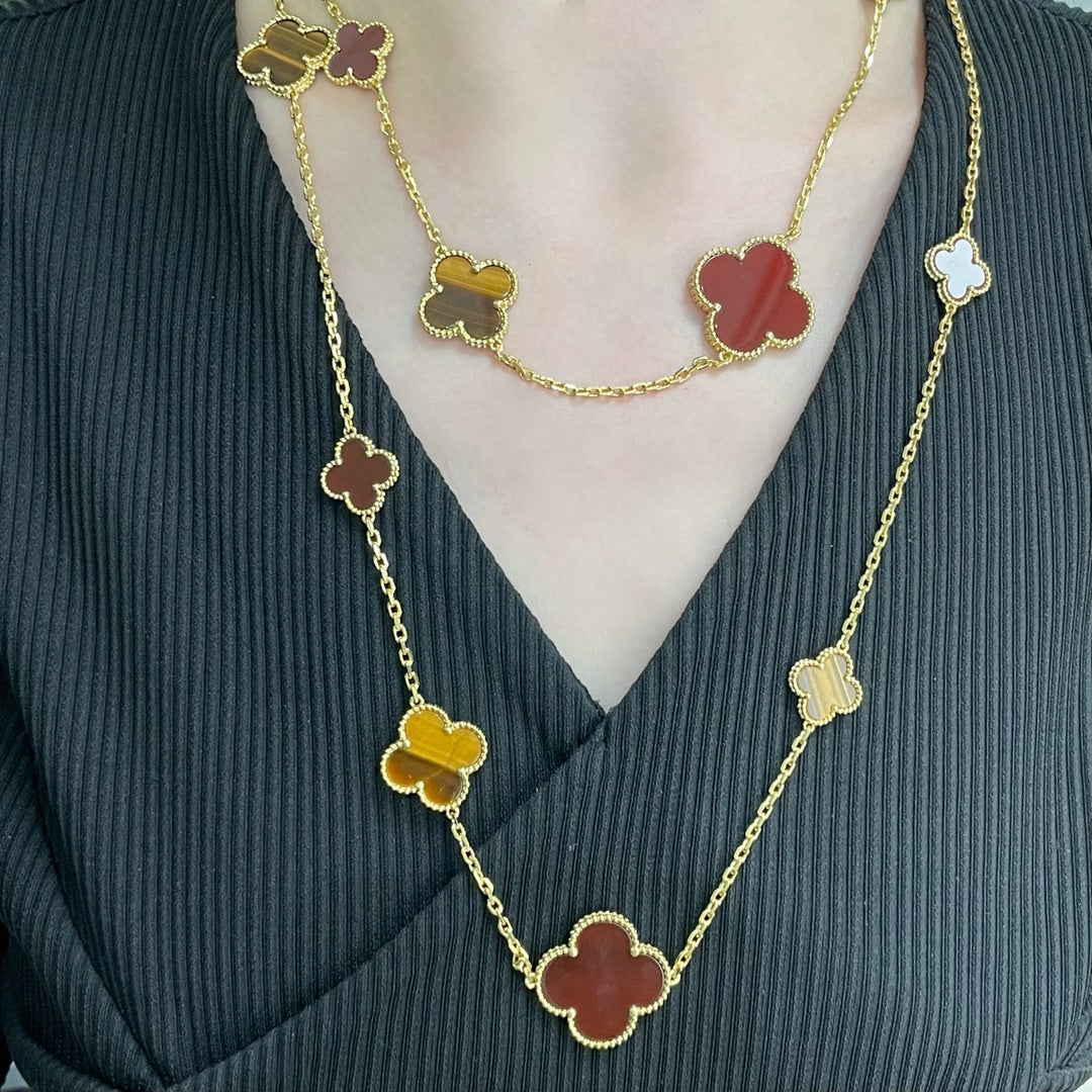 [⭐Novea]CLOVER 16 MOTIF CARNELIAN TIGER EYE ROSE GOLD NECKLACE