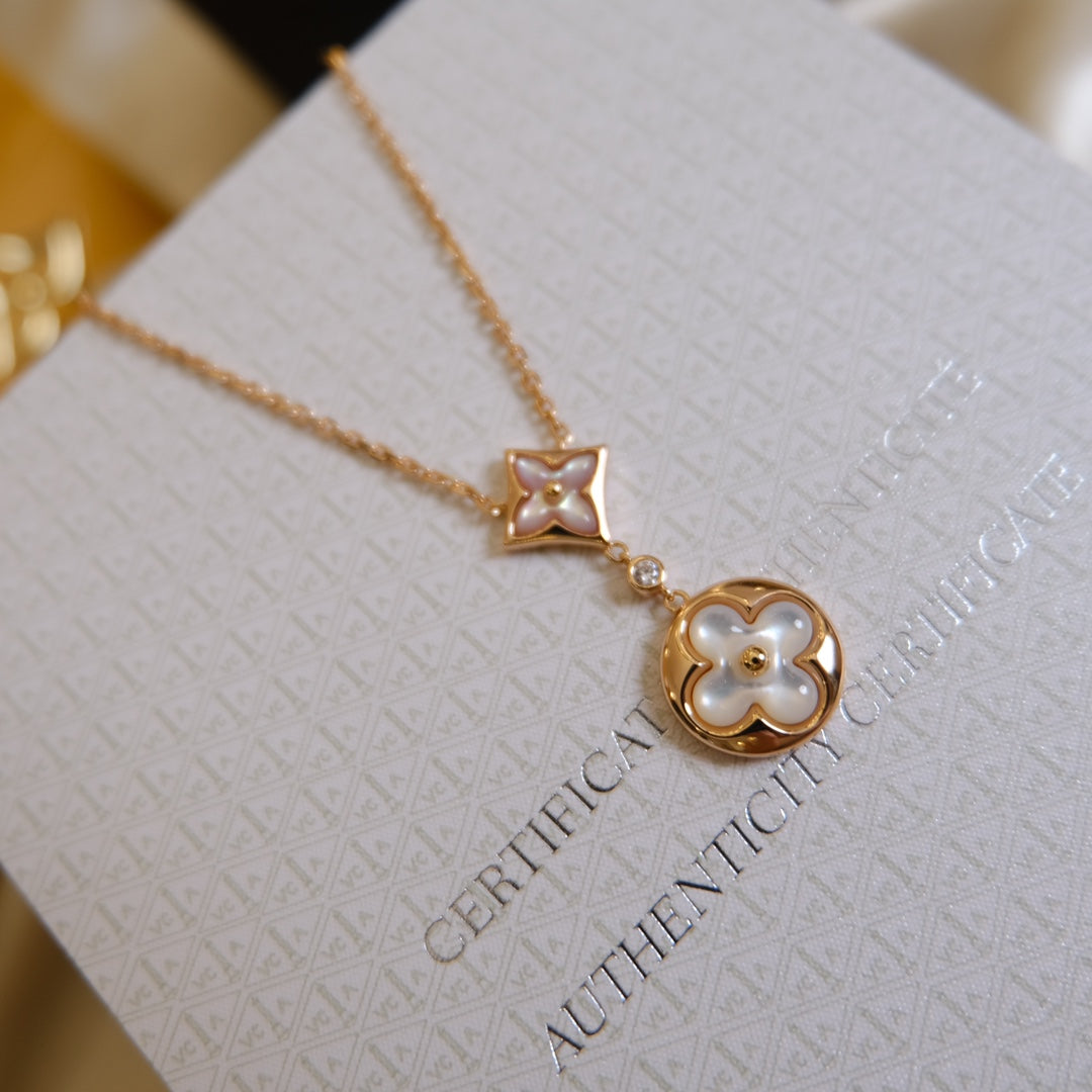 [⭐Novea]STAR AND SUN WHITE MOP 2 MOTIF PINK GOLD NECKLACE