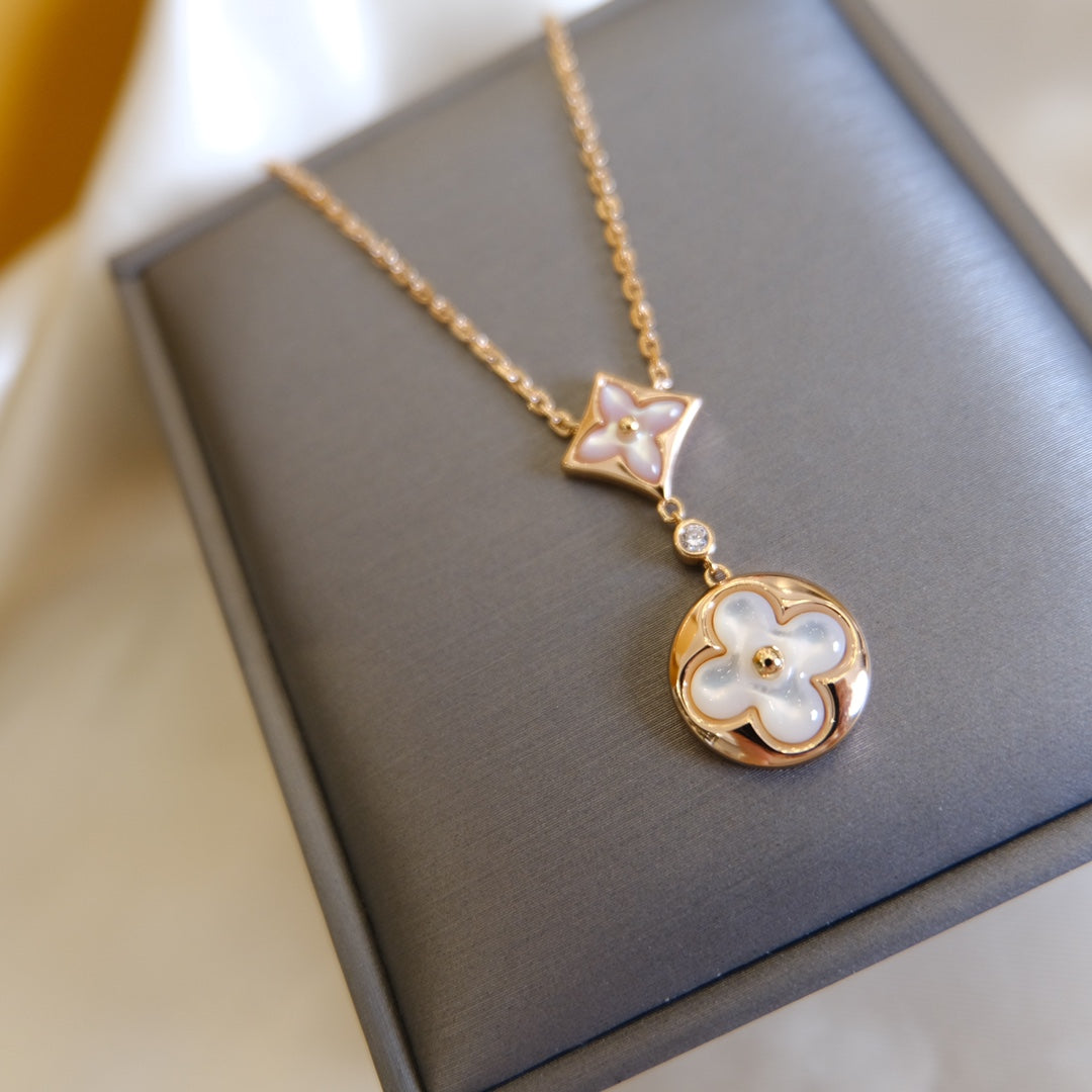 [⭐Novea]STAR AND SUN WHITE MOP 2 MOTIF PINK GOLD NECKLACE