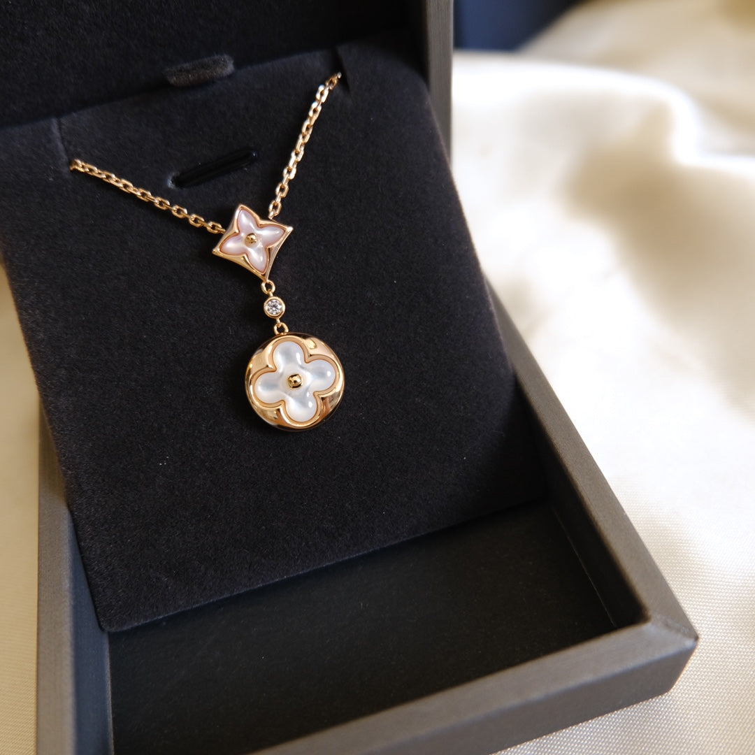 [⭐Novea]STAR AND SUN WHITE MOP 2 MOTIF PINK GOLD NECKLACE