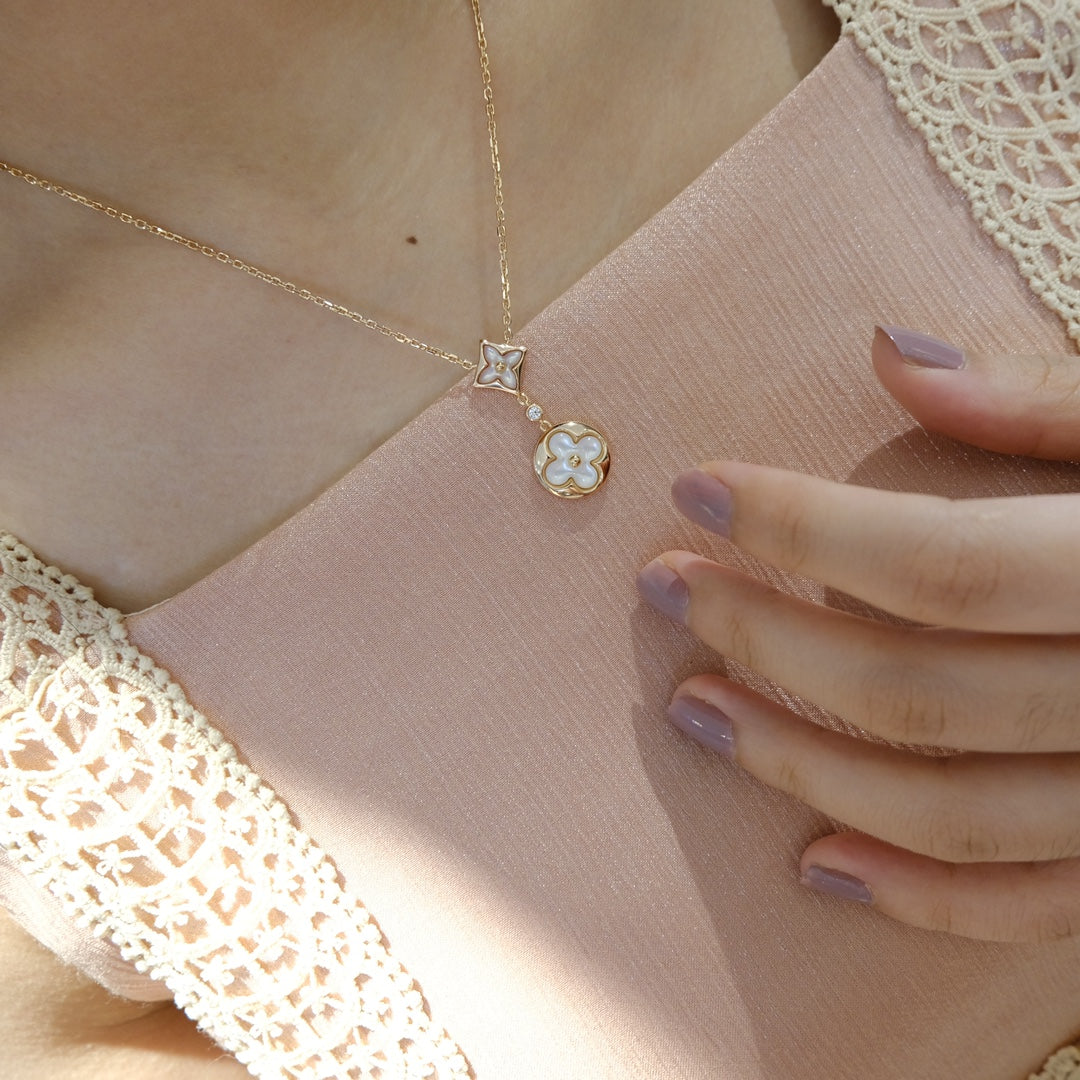 [⭐Novea]STAR AND SUN WHITE MOP 2 MOTIF PINK GOLD NECKLACE