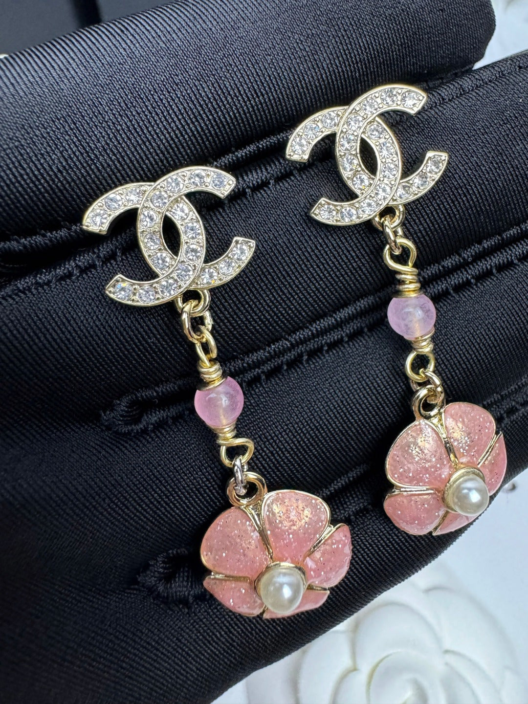[⭐Novea]26C Pink Camellia Enamel Pendant with Double C Earrings