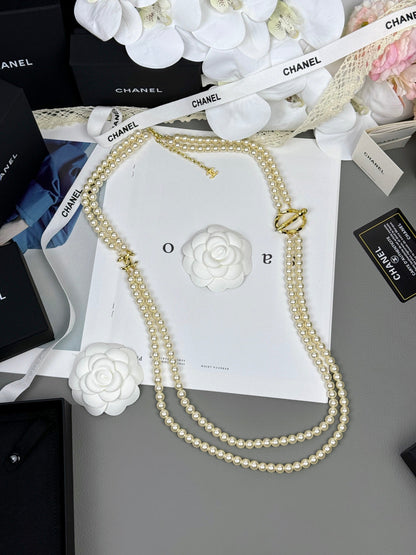 [⭐Novea]25K Pencil Double C Double-Layer Pearl Sweater Chain