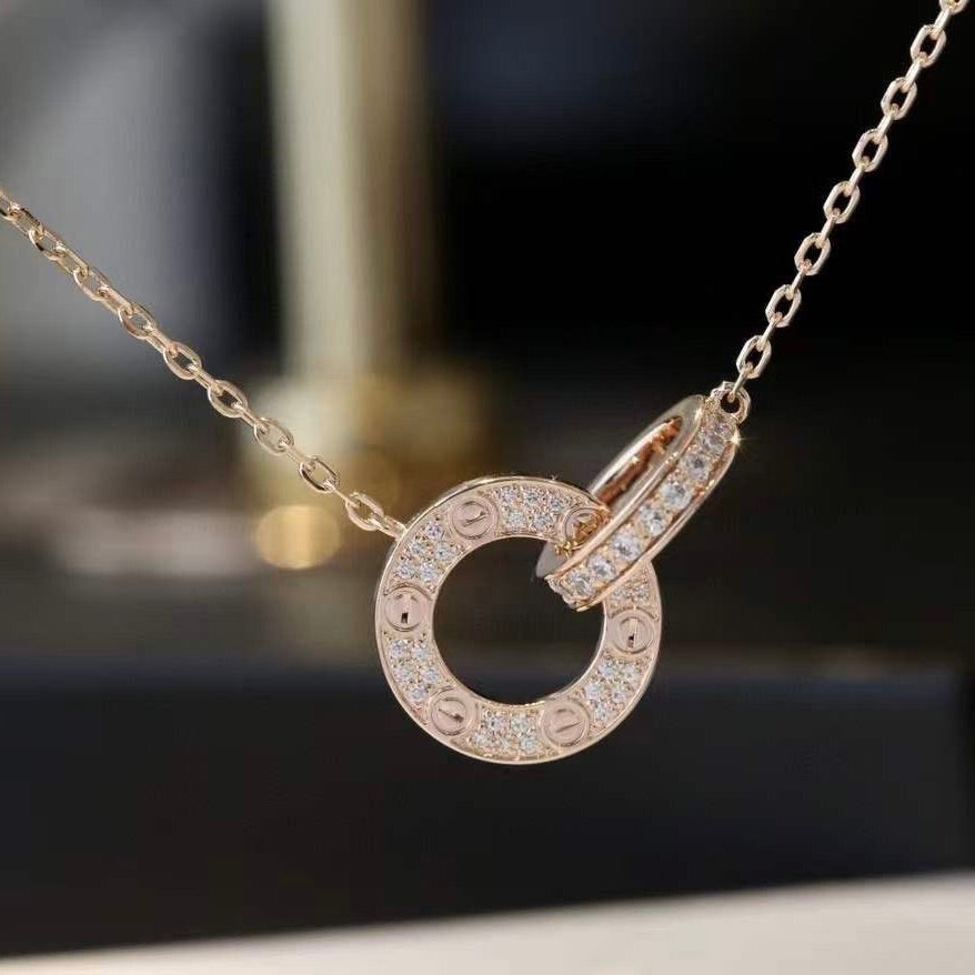[⭐Novea]LOVE 7.6MM NECKLACE ROSE GOLD AND SILVER  FULL DIAMOND