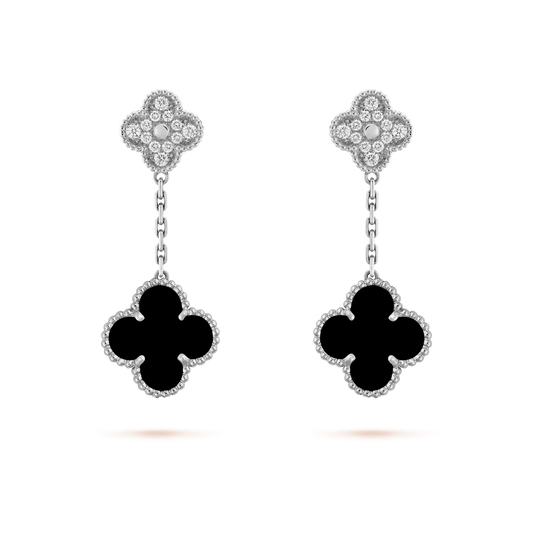 [⭐Novea]CLOVER 2 MOTIFS  DIAMOND ONYX EARRINGS SILVER