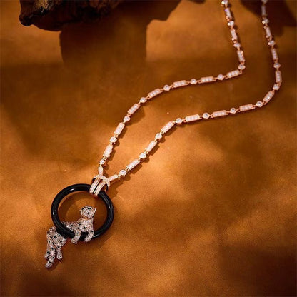 [⭐Novea jewelrys]NEW BLACK CIRCLE PANTHER FULL DIAMOND NECKLACE