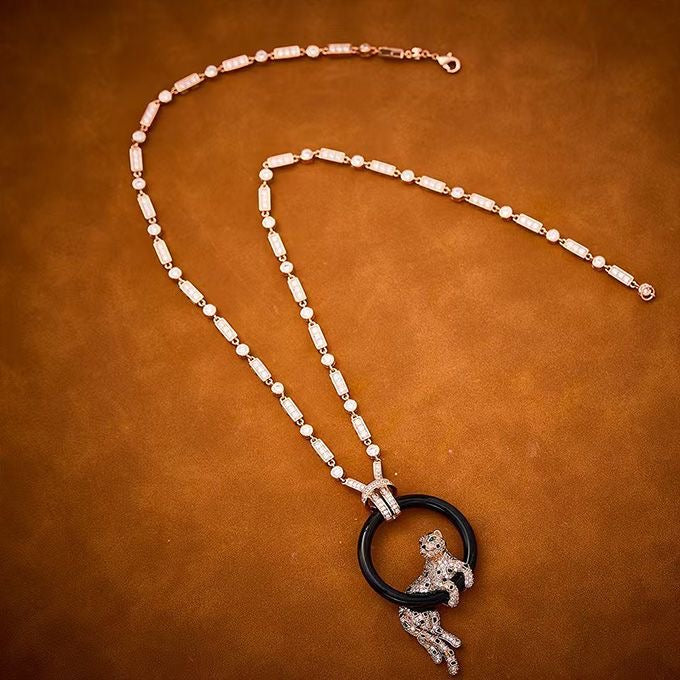 [⭐Novea jewelrys]NEW BLACK CIRCLE PANTHER FULL DIAMOND NECKLACE