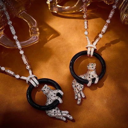 [⭐Novea jewelrys]NEW BLACK CIRCLE PANTHER FULL DIAMOND NECKLACE