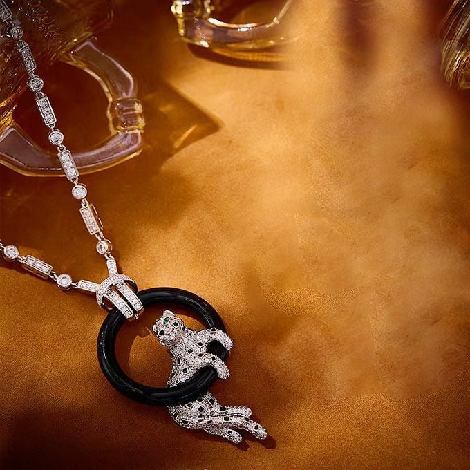 [⭐Novea jewelrys]NEW BLACK CIRCLE PANTHER FULL DIAMOND NECKLACE
