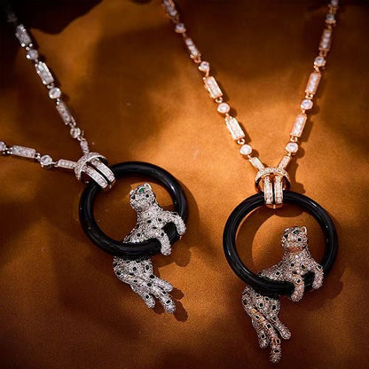 [⭐Novea jewelrys]NEW BLACK CIRCLE PANTHER FULL DIAMOND NECKLACE