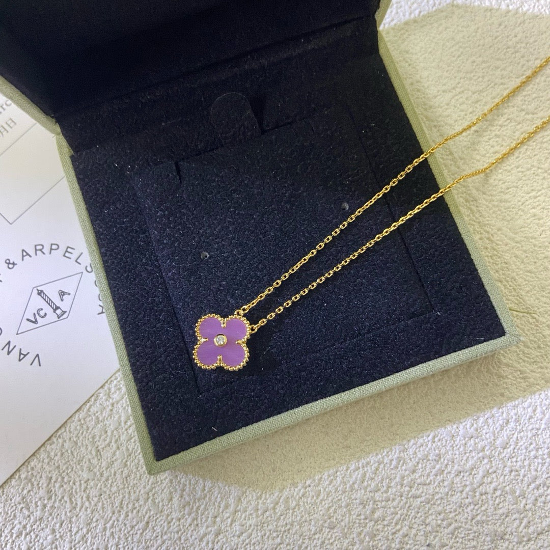 [⭐Novea Jewelry]CLOVER 15MM DIAMOND  PURPLE VIOLET NECKLACE