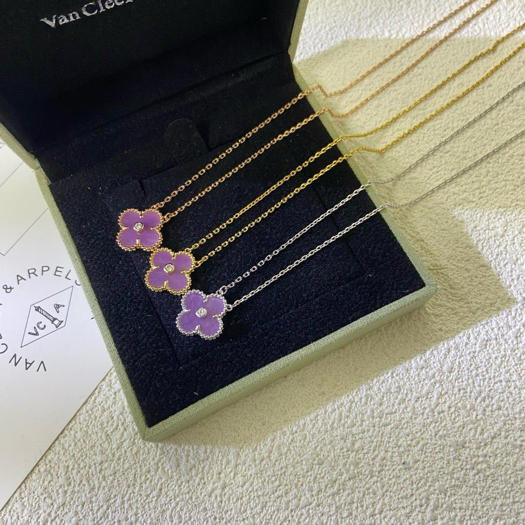 [⭐Novea Jewelry]CLOVER 15MM DIAMOND  PURPLE VIOLET NECKLACE