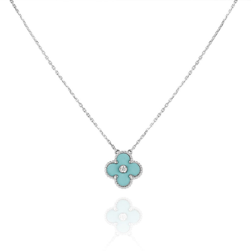 [⭐Novea]CLOVER 1 DIAMOND LIGHT BLUE SILVER NECKLACE
