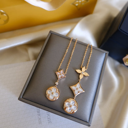 [⭐Novea]COLOR BLOSSOM LARIAT NECKLACE PINK GOLD WHITE MOTHER PEARL AND DIAMOND