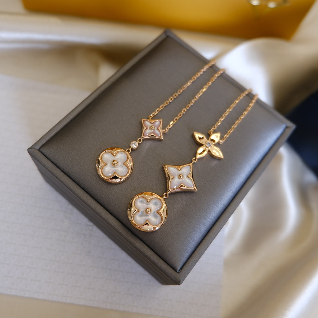[⭐Novea]COLOR BLOSSOM LARIAT NECKLACE PINK GOLD WHITE MOTHER PEARL AND DIAMOND