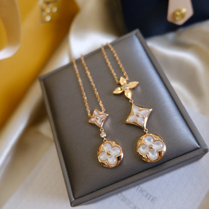 [⭐Novea]COLOR BLOSSOM LARIAT NECKLACE PINK GOLD WHITE MOTHER PEARL AND DIAMOND