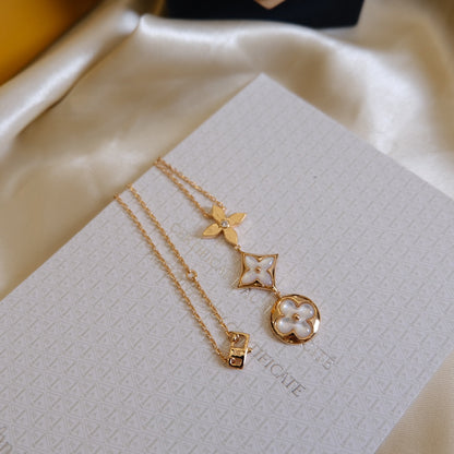 [⭐Novea]COLOR BLOSSOM LARIAT NECKLACE PINK GOLD WHITE MOTHER PEARL AND DIAMOND