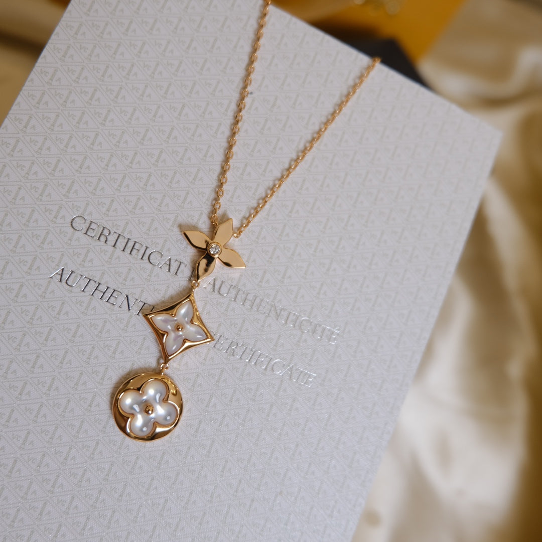 [⭐Novea]COLOR BLOSSOM LARIAT NECKLACE PINK GOLD WHITE MOTHER PEARL AND DIAMOND
