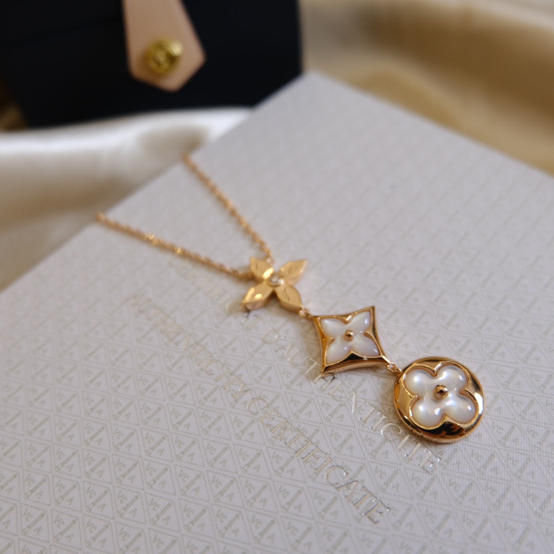 [⭐Novea]COLOR BLOSSOM LARIAT NECKLACE PINK GOLD WHITE MOTHER PEARL AND DIAMOND