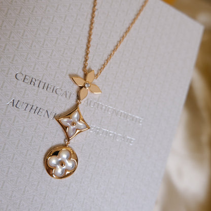 [⭐Novea]COLOR BLOSSOM LARIAT NECKLACE PINK GOLD WHITE MOTHER PEARL AND DIAMOND