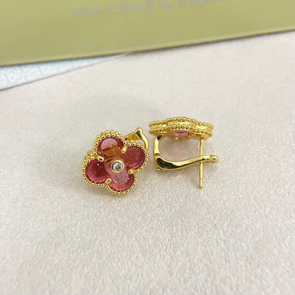 [⭐Novea]2026 NEW  CLOVER 1 MOTIFPINK ENAMEL STUD EARRINGS WITH DIAMONDS2