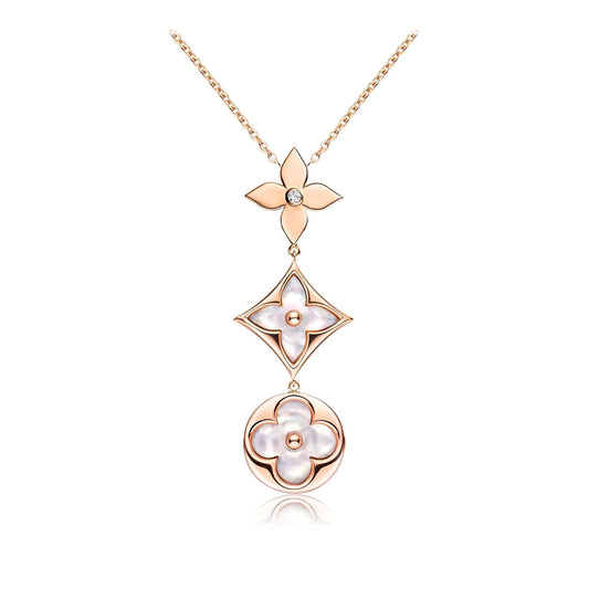 [⭐Novea]COLOR BLOSSOM LARIAT NECKLACE PINK GOLD WHITE MOTHER PEARL AND DIAMOND