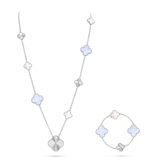 [⭐Novea]DETACHABLE CLOVER 15(11+4) FLOWER SILVER NECKLACE SET