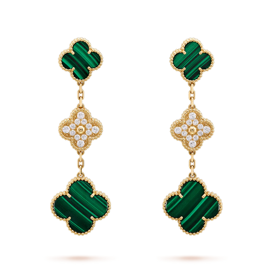 [⭐Novea]CLOVER EARRINGS GOLD MALACHITE DIAMOND 3 MOTIF