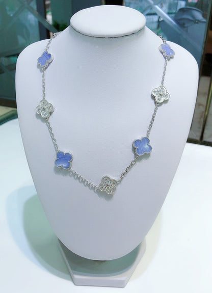 [⭐Novea]CLOVER 10 MOTIFS CHALCEDONY DIAMONDS SILVER NECKLACE