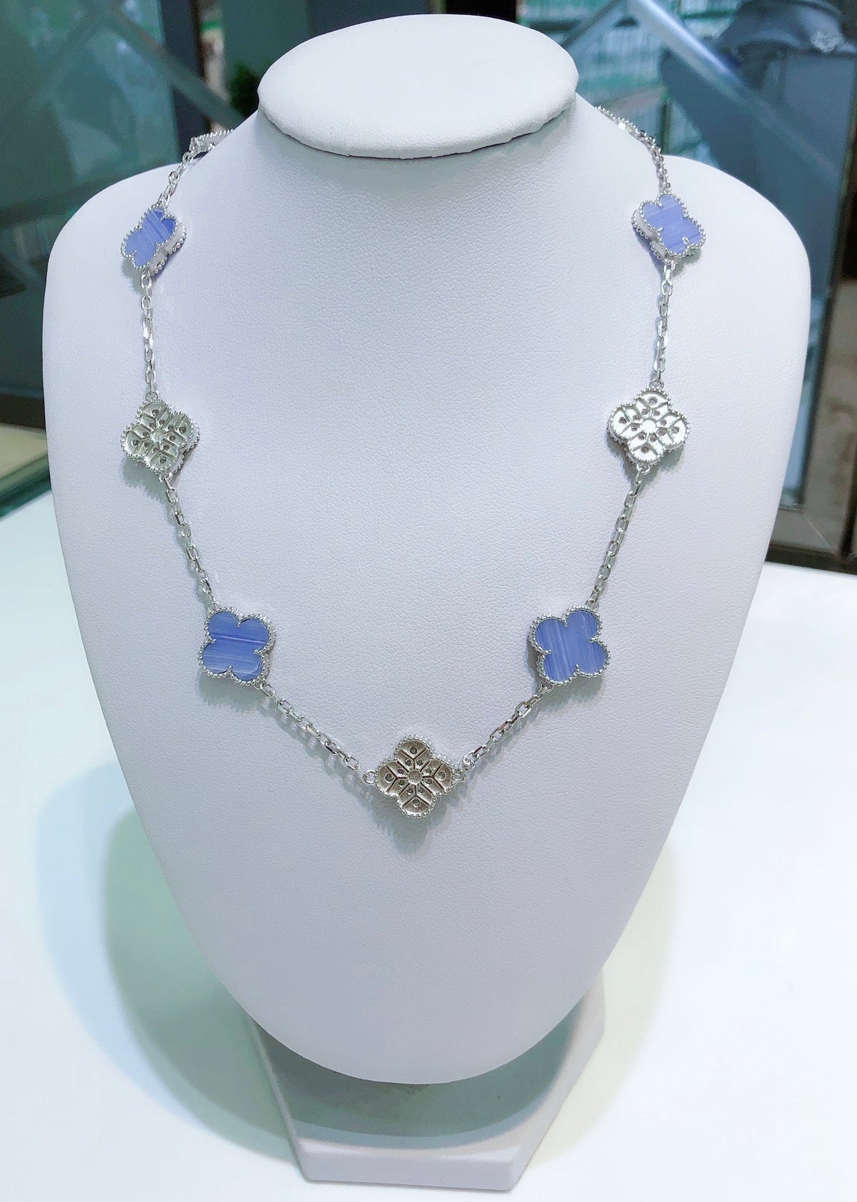 [⭐Novea]CLOVER 10 MOTIFS CHALCEDONY DIAMONDS SILVER NECKLACE