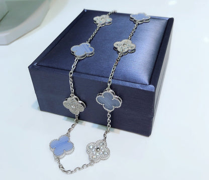 [⭐Novea]CLOVER 10 MOTIFS CHALCEDONY DIAMONDS SILVER NECKLACE