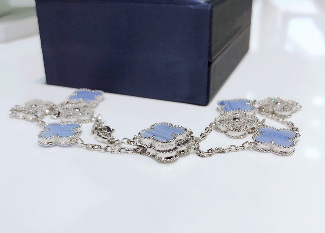 [⭐Novea]CLOVER 10 MOTIFS CHALCEDONY DIAMONDS SILVER NECKLACE