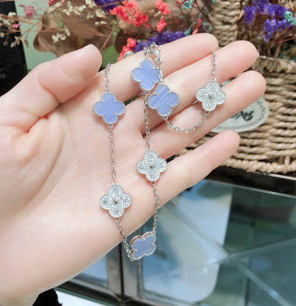 [⭐Novea]CLOVER 10 MOTIFS CHALCEDONY DIAMONDS SILVER NECKLACE